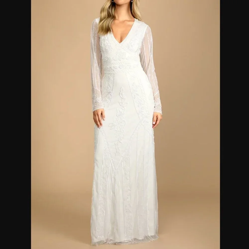 NWT - Lulus Luxe Bridal - White Beaded Long Sleeve Maxi Dress - Size Small - Picture 3 of 15